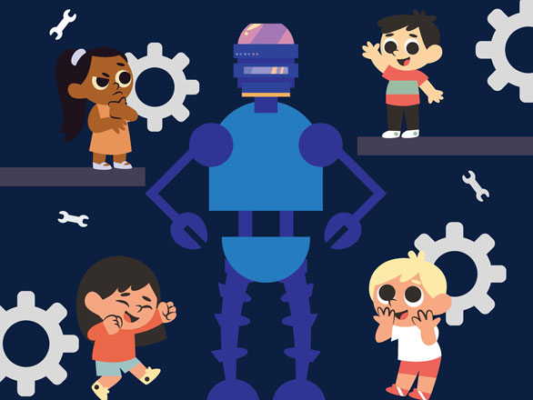 A cartoon illustration of four children standing around a robot with wrenches and gears in the background.