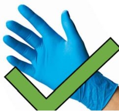 An example of correct, thin gloves with a large green checkmark indicating that they can be used