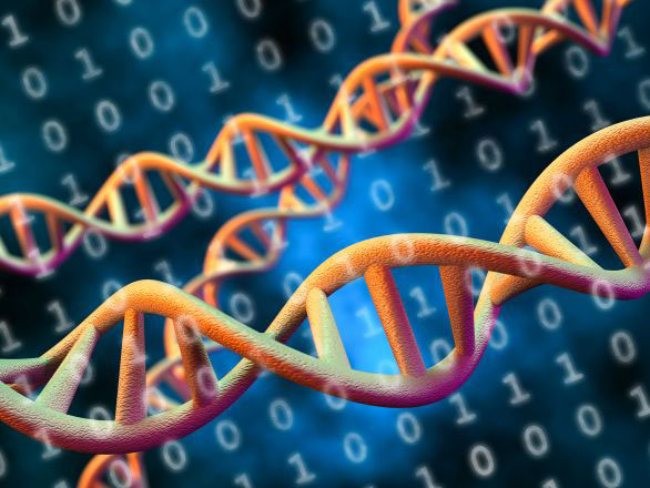 Digital representation of DNA strands with DNA code in the background