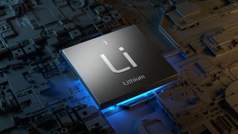 The lithium table of elements icon hovering above a circuit board