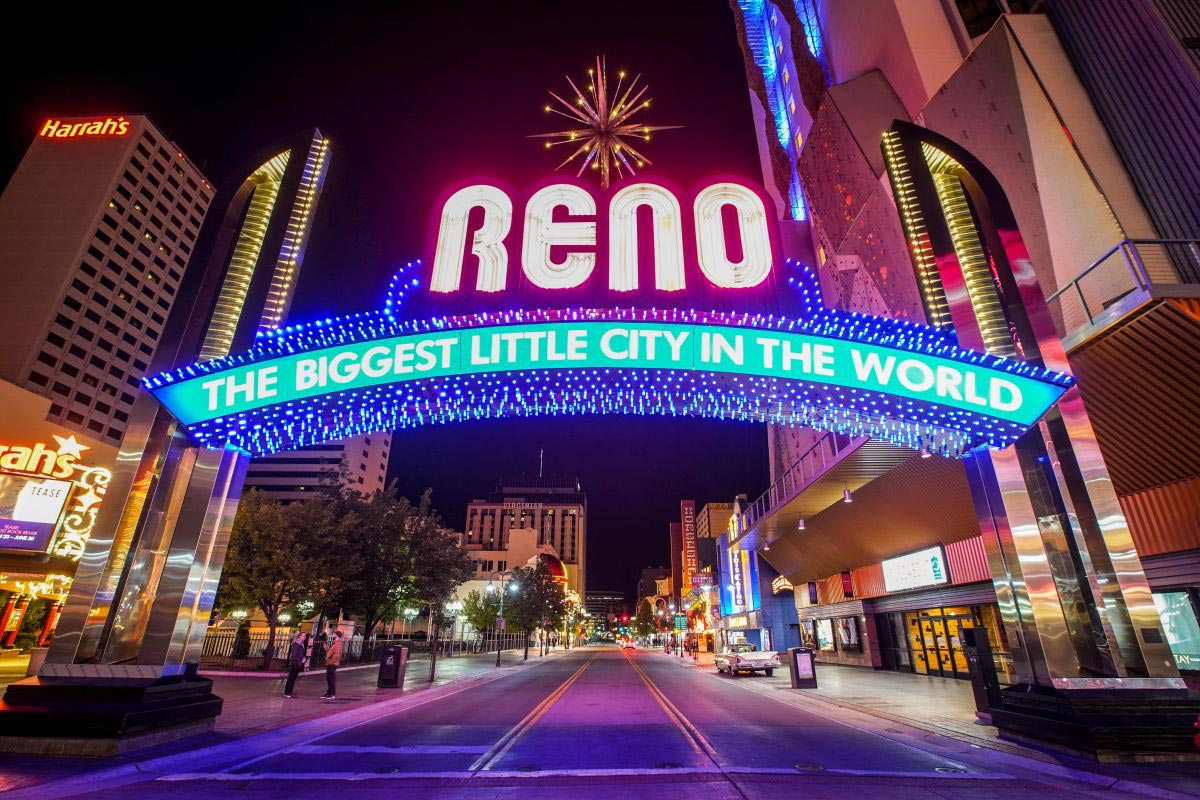 The downtown Reno Arch that reads "The Biggest Little City in the World"