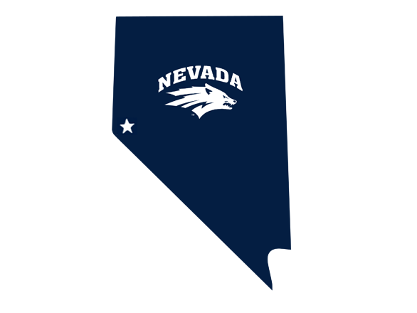 A solid navy-blue silhouette of the state of Nevada with the University of Nevada Wolf Pack logo centered inside. The logo features the word “NEVADA” in bold white uppercase letters above a stylized white wolf head facing right.