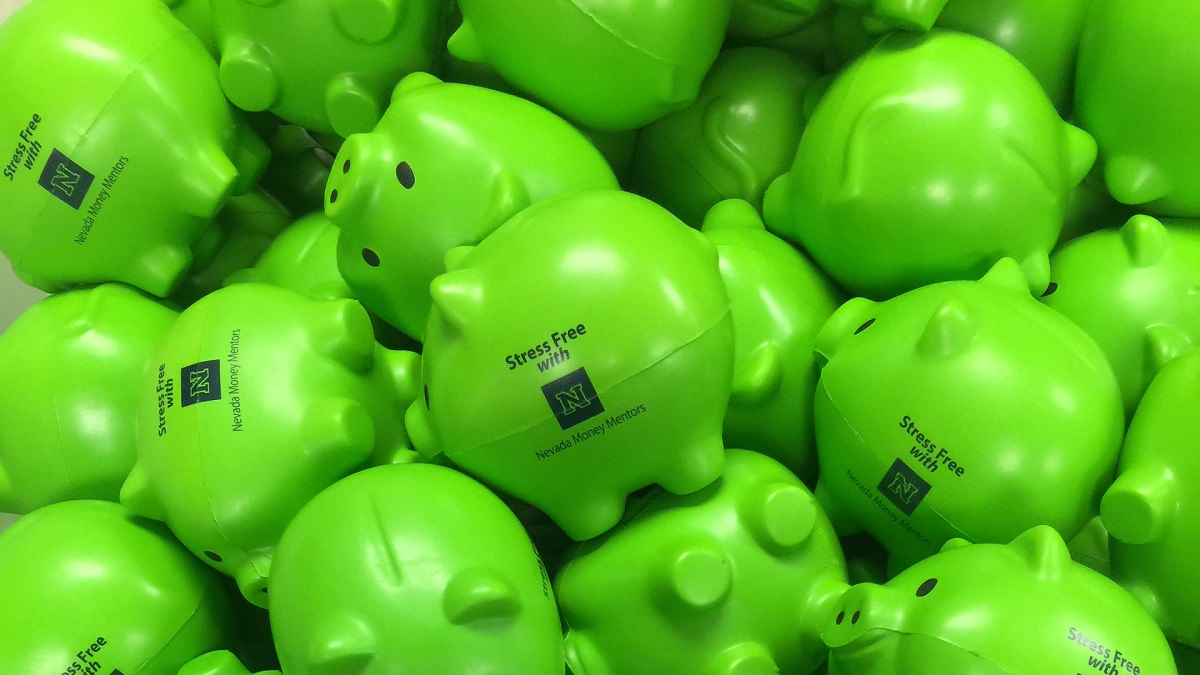 Nevada Money Mentors green pig-shaped stress squeeze balls