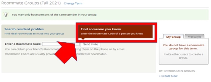 Screenshot of the roommate groups by term in Symplicity. An option on the left is labeled "Search resident profiles. The option on the right labeled "Find someone you know" directs the user down to a field to enter a roommate code and a button to "Send Invite."