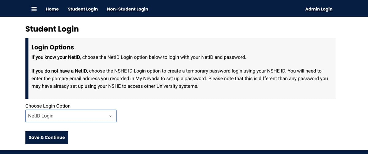 Screenshot of student login page with Choose Login Options drop down menu with NET ID option.