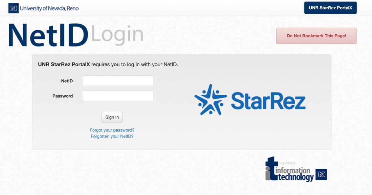 Screenshot of University landing page for NET ID login for the Star Rez housing portal.