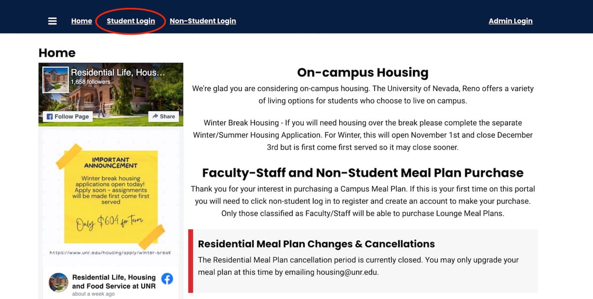 Screenshot of housing portal home page with informational announcements and navigation menu options for home, student login and non student login.