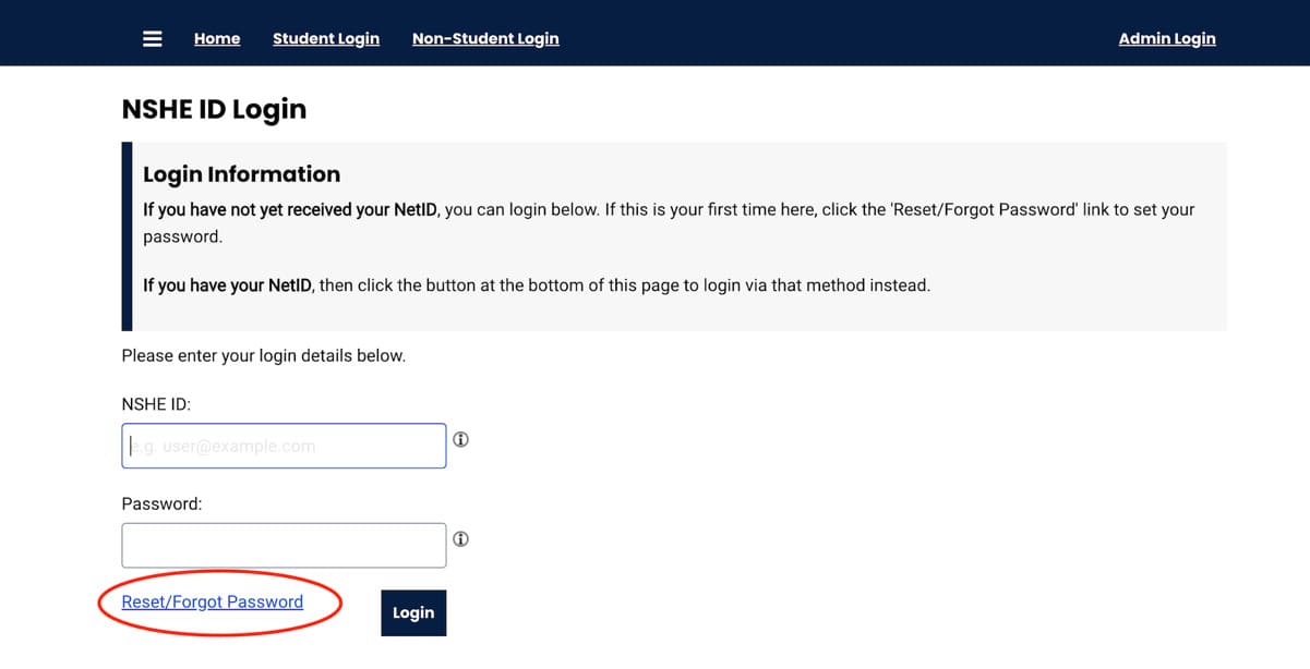Screenshot of the NSHE ID login page with instructional text allowing first time users to choose the Reset/Forgot Password option.
