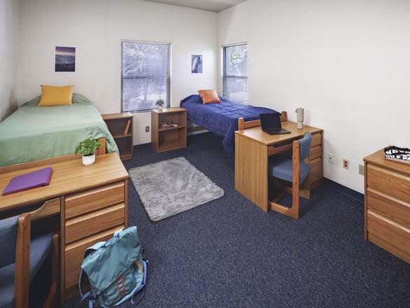 Canada Hall double bedroom with two twin beds, desks, chairs, and natural light from two windows.