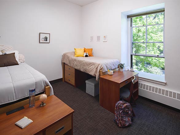 Manzanita Hall double room with two twin beds, wooden desks, and drawers; one desk has a backpack on the floor, and a large window provides natural light with a view of green trees.