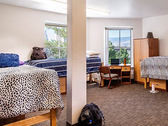 Spacious triple dorm room in Manzanita Hall featuring three beds with colorful bedding, two large windows with scenic views, a shared desk and chair, and a wardrobe.