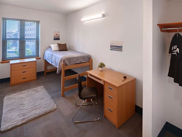 A single bedroom in Nevada LLC Hall featuring a raised bed, wooden desk with chair, dresser, and large window letting in natural light.