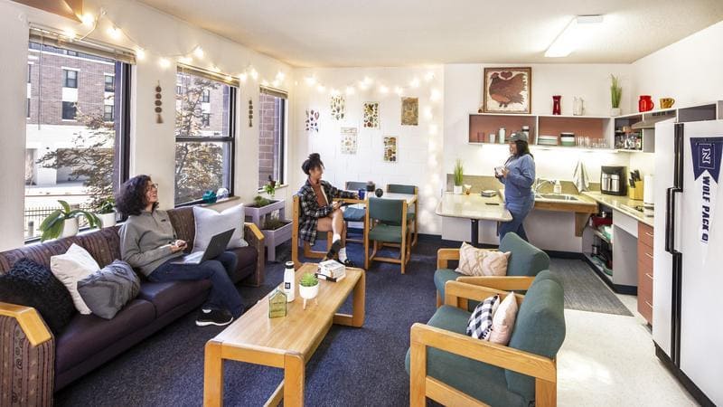 Three people are in a bright, cozy common room at Canada Hall. One person sits on a couch using a laptop, another sits in an armchair chatting, and a third stands in the kitchen area preparing something on the counter. 