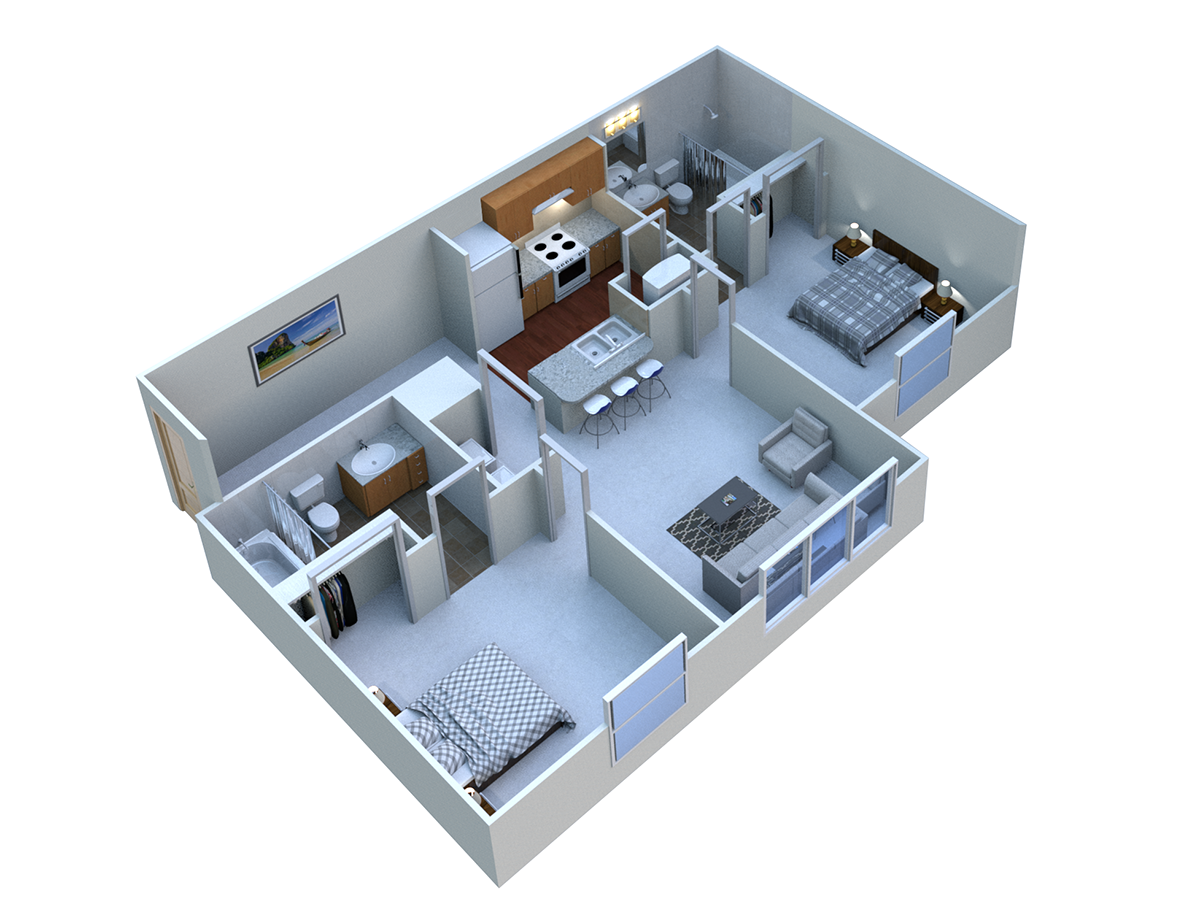  3D model rendering of the two bedroom, two bathroom floor plan at Ponderosa Village.