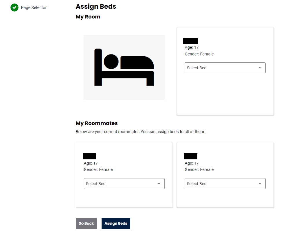 Screenshot of housing application with assign beds section and room space section displayed.