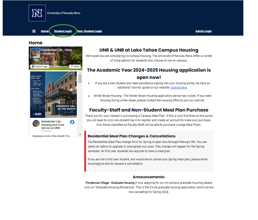 Screenshot of the housing portal homepage with the housing application link circled.
