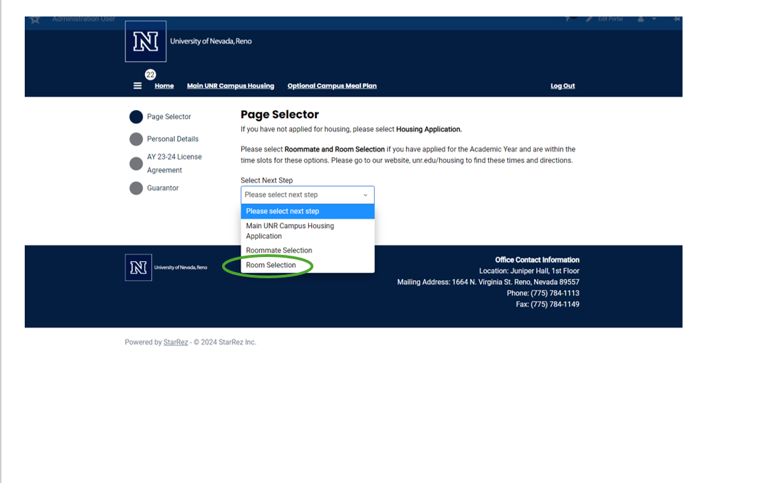 Screenshot of the housing application in the housing portal with the page selector displayed.
