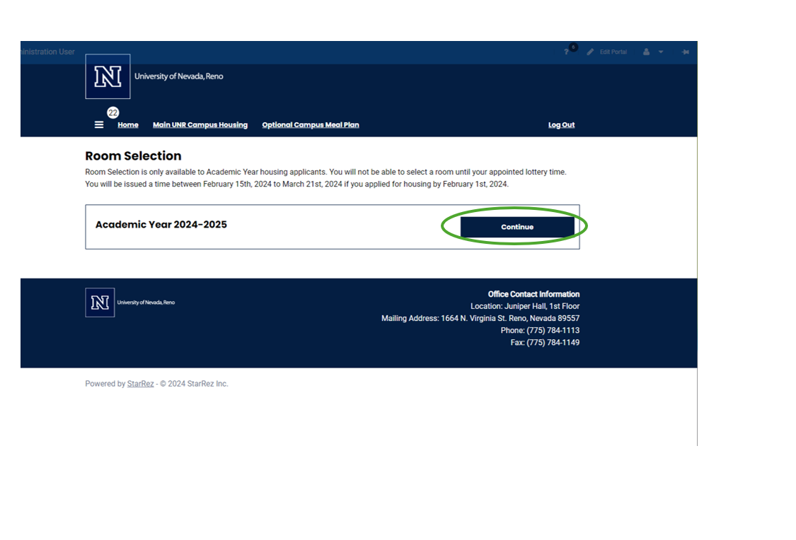 Screenshot of housing application with the 2023-2024 academic year continue button displayed.