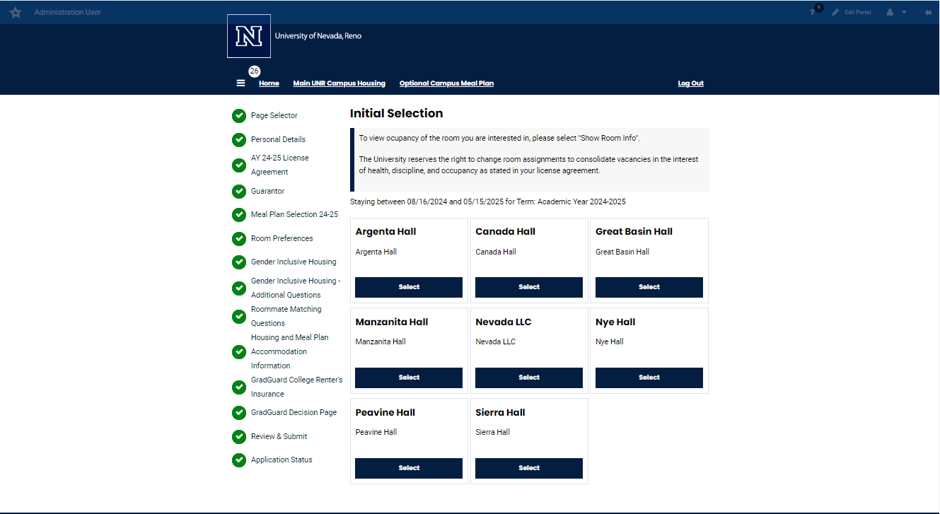 Screenshot of housing application with different residence hall selections displayed.