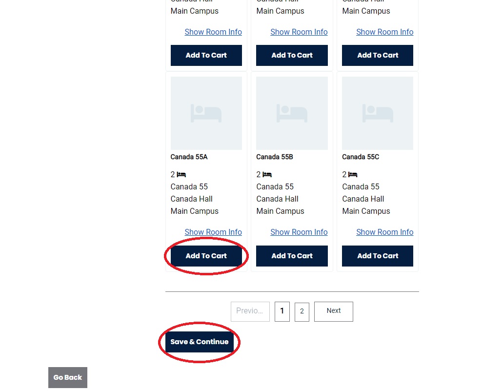 Screenshot of housing application with different residence hall selections displayed.