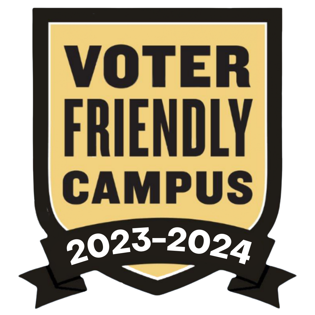 Voterfriendlycampus.org homepage; A vector badge illustration of a yellow shield with a banner that reads "Voter Friendly Campus, 2021 - 2022"