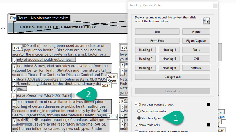 [Figure 8] Screenshot of a page in Adobe Acrobat with the 'Touch Up Reading Order Panel' active. The TURO menu is open over the content and each piece of content is highligted on the page with its tagged type (e.g., p, span, etc.). A green comment bubble with corresponding white number shows users where to click the radio button for 'Structure types' in the TURO tool and how the content looks when a user selects an area to update.&nbsp;