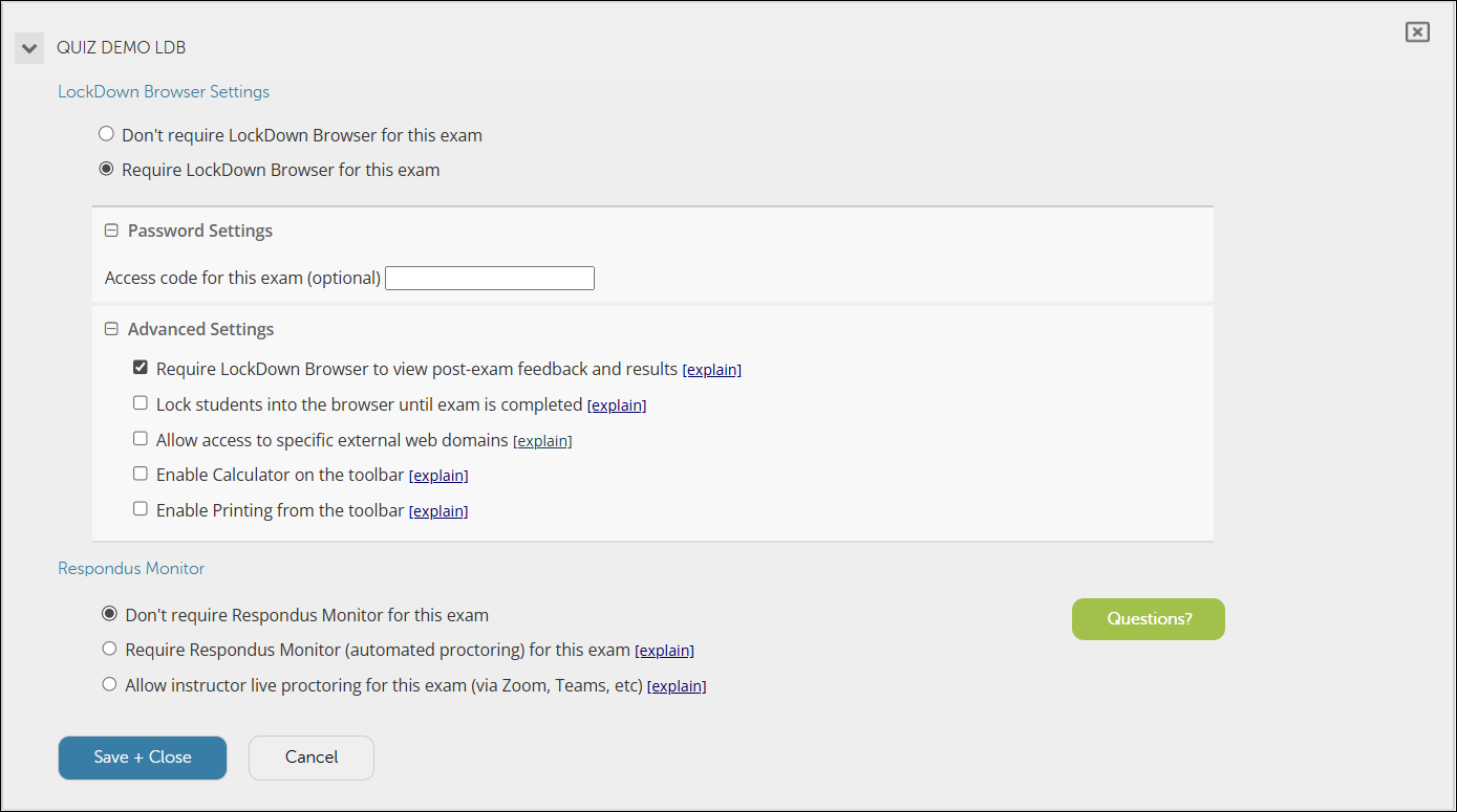 Screen clipping of the LockDown Browser settings area. Advance Settings is expanded to show all of the advanced settings options