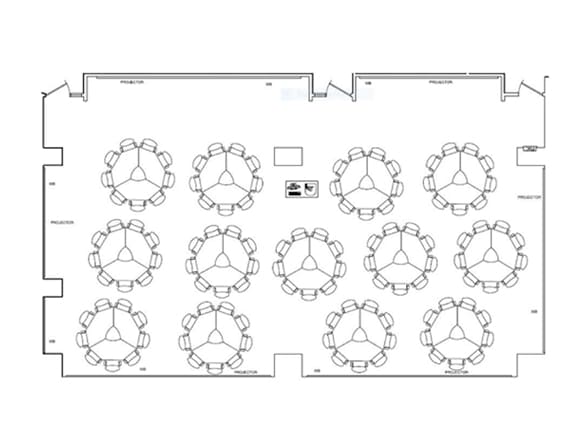Schematic drawing of a room from a top-down perspective with door entrances marked and images of 13 circular tables aligned in three rows of four, five and four, nd 8 chairs surrounding each table