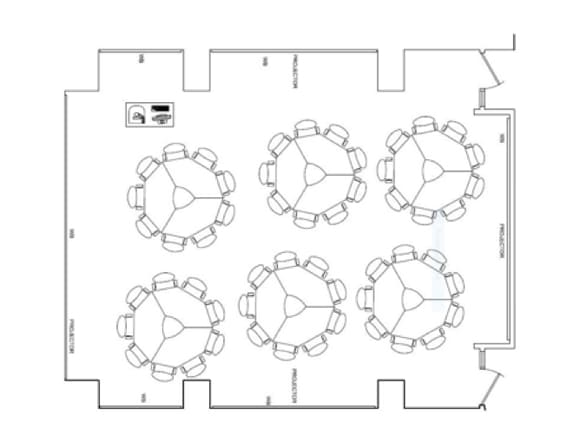 Schematic drawing of a room from a top-down perspective with door entrances marked and images of 13 circular tables aligned in three rows of four, five and four, nd 8 chairs surrounding each table
