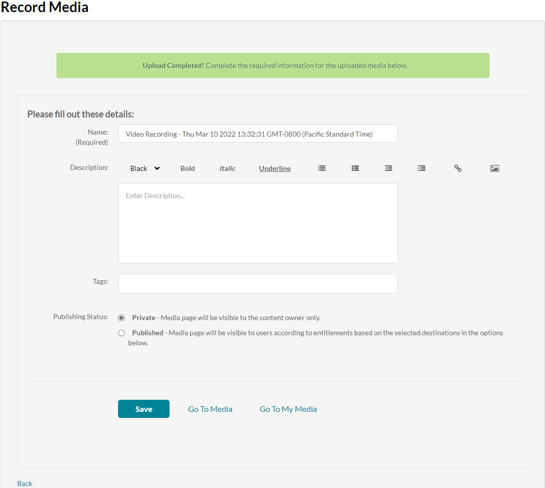Screen Clipping of the Record Media area of the Express Capture tool in WebCampus. The save screen is displayed.