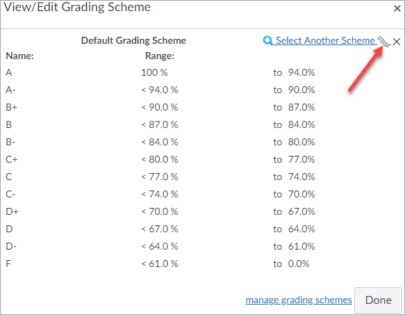 WebCampus &ldquo;View/Edit Grading Scheme&rdquo; window. The default includes a grade &ldquo;Name&rdquo; column and associated grade ranges. An arrow points to the Edit Grading Scheme button
