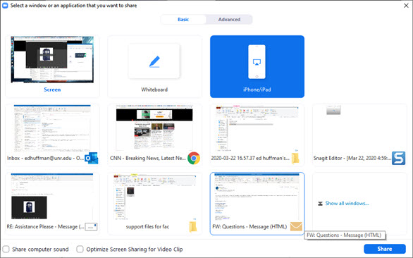 Screenshot of the Zoom share options window. The option &ldquo;iPhone/iPad&rdquo; is selected