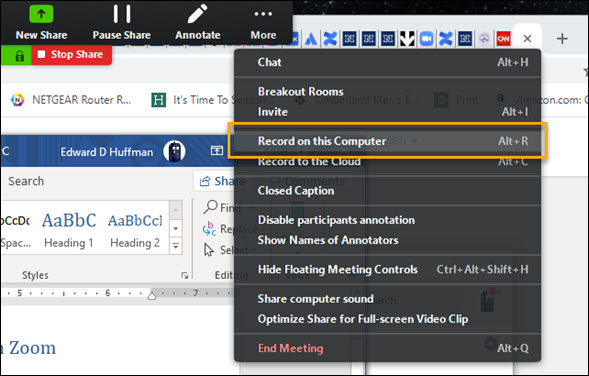 Screenshot of the More drop-down menu from the Zoom in-meeting shared-screen toolbar. The More drop-down is activated and the &ldquo;Record on this Computer&rdquo; option is highlighted