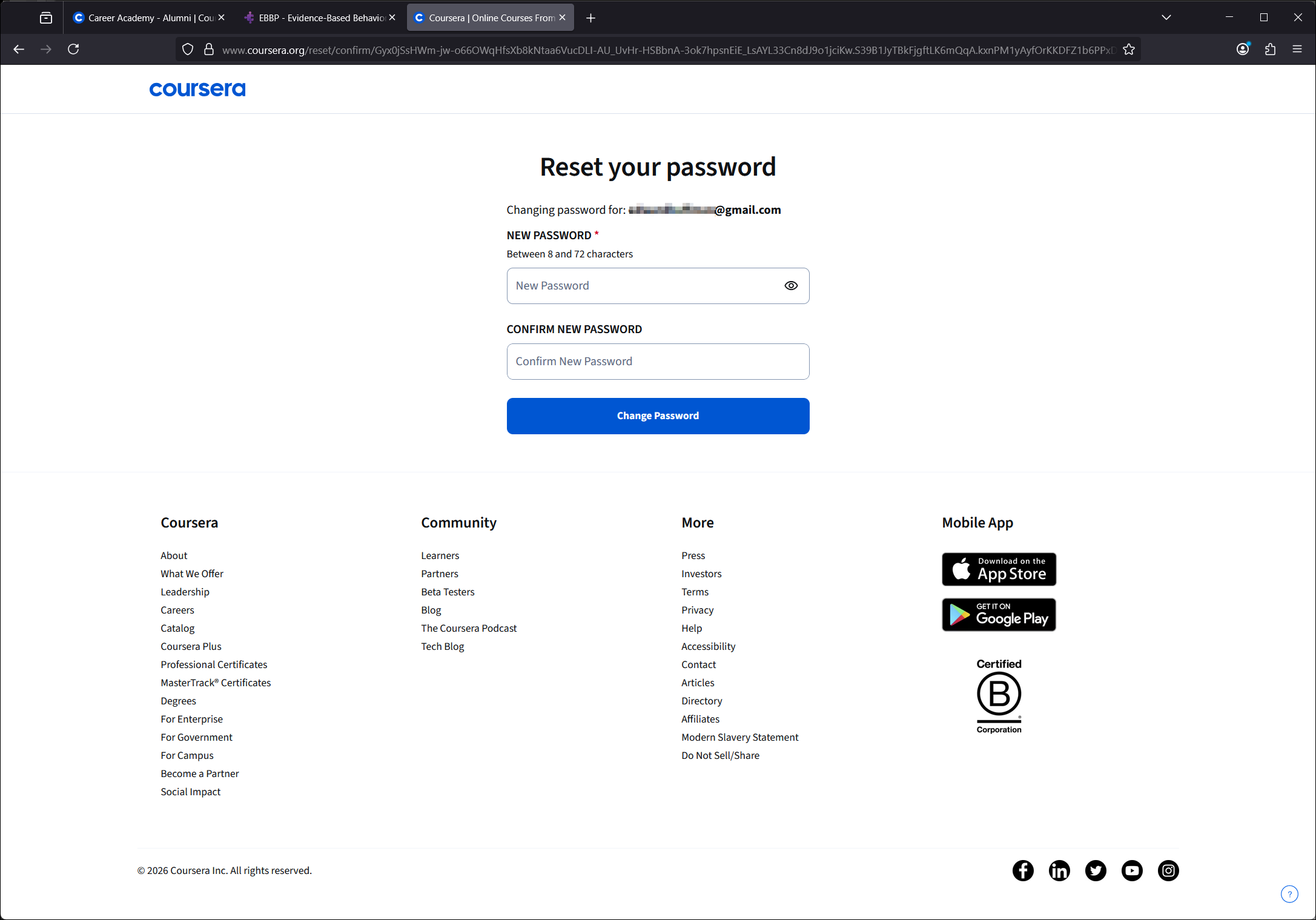 Screen shot of the UNR Coursera Reset your password page.