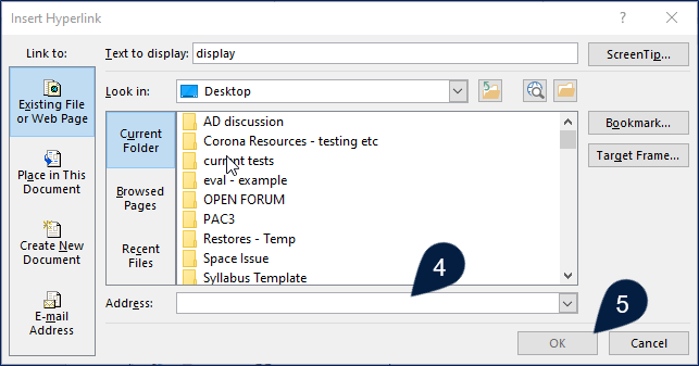 Insert Hyperlink dialog box with pointer 4 indicating the address field and pointer 5 indicating the OK button