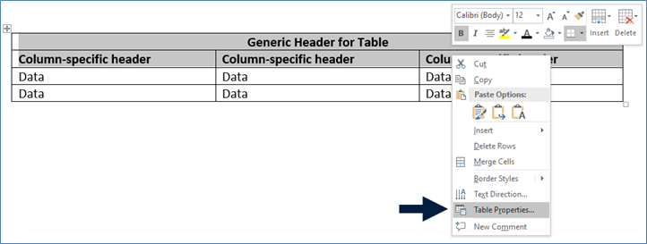 Context menu with an arrow pointing to Table Properties - accessed after higlighting the top two table rows and right clicking.