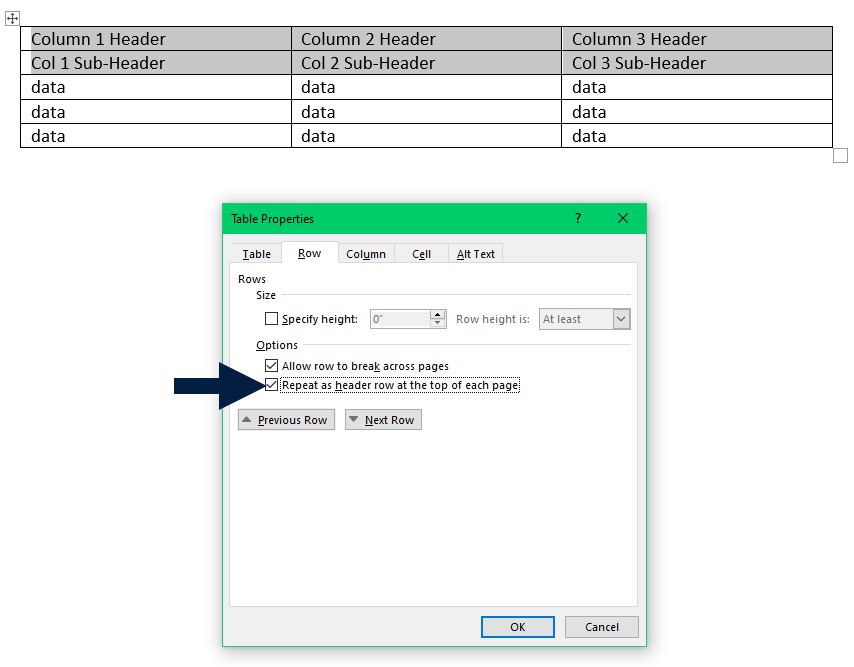 Table with 2 rows of column headers highlighted and Table Properties diaog box with arrow pointing to the Repeat as header row at the top of each page checkbox.