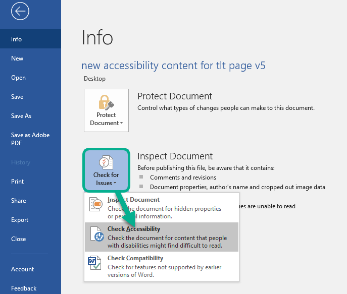 Screen clipping of the Info screen in older versions of Word with the Check for Issues button circled and an arrow pointing to the Check Accessibility option.