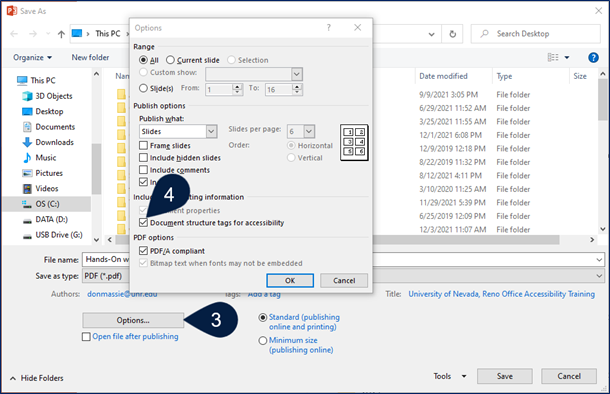 PowerPoint Save As dialog box when type is set to PDF. A pointer numbered 3 indicates the Options button and pointer 4 indicates the Document structure tags for accessibility check box in the resulting Options dialog box.