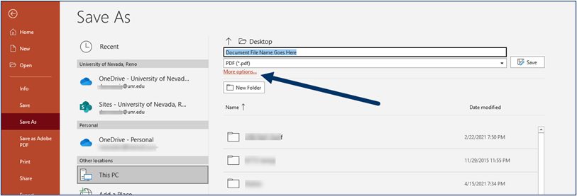 Screen clipping of the Office 365 PowerPoint condensed Save As dialog box with an arrow pointing to the More options link.