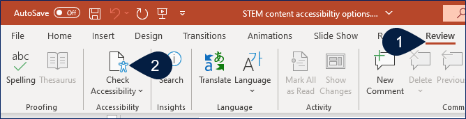 Screen clipping of the PowerPoint interface with the Review tab selected. Pointer 1 indicates the Review tab and pointer 2 indicates the Check Accessibility button.
