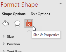 Screen clipping of the Format Shape dialog box with the cursor arrow hovering over Size &amp; Properties showing the tool tip text.