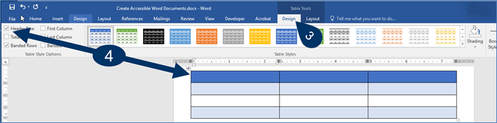 Screen clipping of MS Word Table Tools with a pointer numbered 3 indicating the location of the Design tab and a pointer numbered 4 indicating the location of the header row checkbox and the visual representation of the header row on the table.