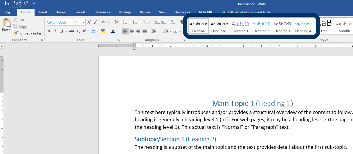 Screen clipping of the Word interface Home tab with a circle around headings and Normal in the Styles group.