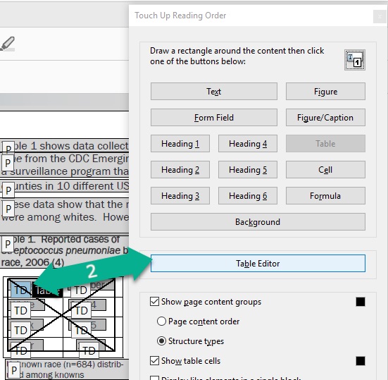 [Figure 13] Screenshot of the "Touch Up Reading Order" panel in Adobe Acrobat active on a document with structure type boxes (e.g., [p], [TD]) to denote the types of tags on each section of the document. A dual-facing green arrow with a white number 2 on it shows users where to click on [TD] and then on "Table Editor" button on the TURO tool to turn on the Table Editor option.