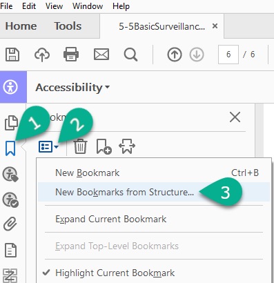 [Figure 23] Screenshot of the "Accessibility" menu in Adobe Acrobat with a click menu open for "Bookmarks." A green arrow points to the "Bookmarks" icon to show the user where to click the toggle the menu. A second green arrow points to the "Options" icon where users can click to turn on that menu. A green comment bubble with the #3 shows users where to click "New Bookmarks from Structure" to create a bookmark.