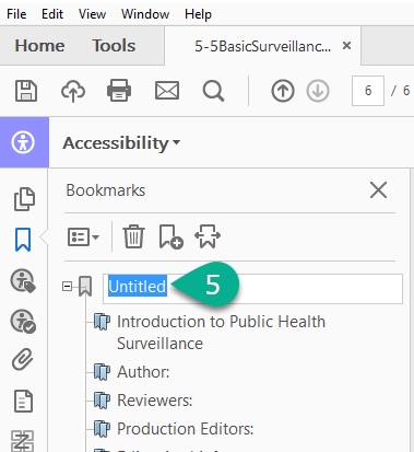 [Figure 27] Screenshot of the "Accessibility" menu with the "Bookmarks" icon highlighted. A green comment bubble with a white #5 shows users the text box with the word "Untitled" in it. In this box, users can enter the title they want for their specific bookmark.