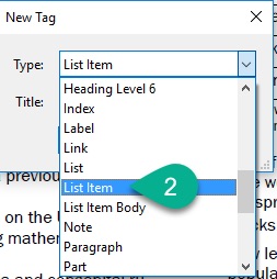 [Figure 21] Screenshot of "New Tag" menu options in Adobe Acrobat with the "Type" drop-down menu active. A green comment bubble with a white #2 shows users where to click "List Item" to create a new list item tag (<LI>) in the system.
