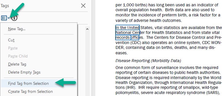 [Figure 24] Screenshot of highlighted text in Adobe Acrobat and the "Tags" menu option open next to the text. A green arrow points to the Tags icon that toggles the menu and a green arrow shows users where to click on "Find Tag from Selection" to identify the tag in the highlighted text in the document to the right.