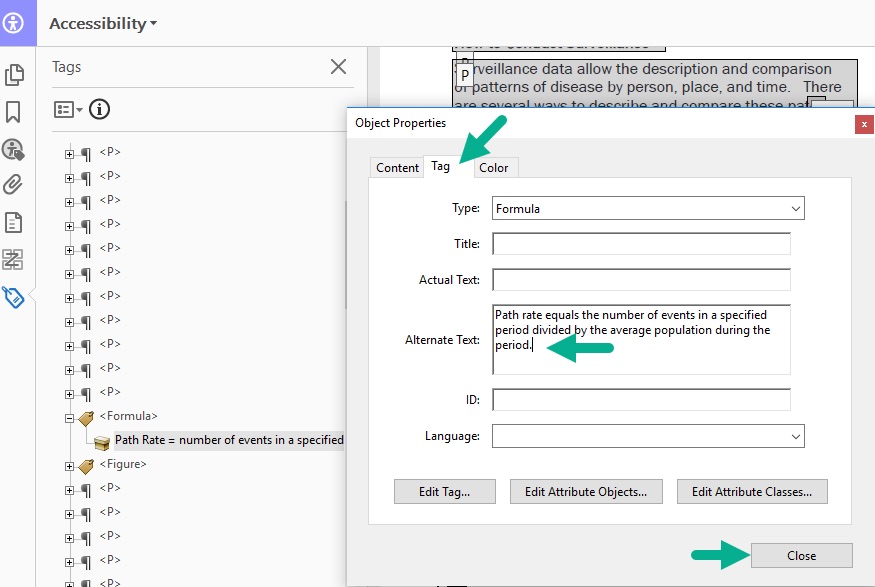 [Figure 22] Screenshot of the "Object Properties" dialog box next to the structure types list in Adobe Acrobat. In the "Object Properties" box, a green arrow points to the "Tag" tab users can click to toggle the "Alternate Text" box option. A green arrow points to the text box where users can enter their alternate text for the selected formula in the structure types list.
